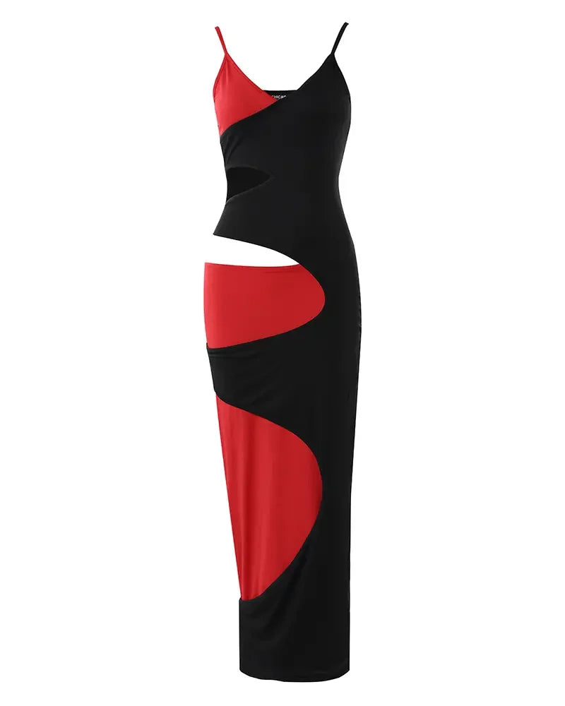 Asymmetrical Cut-Out Colorblock Patchwork V-Neck Bodycon Maxi Dress