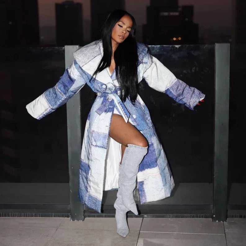 Denim Colorblock Checker Print Longline Padded Double Breasted Belted Streetwear Women's Trenchcoat