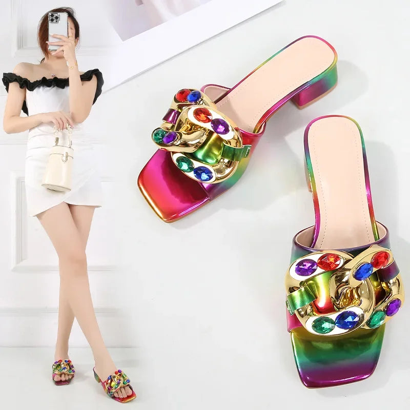 Gold Chain Detail Gradient Ombre Pattern Open Toe Women's Flat Square Heel Sandals