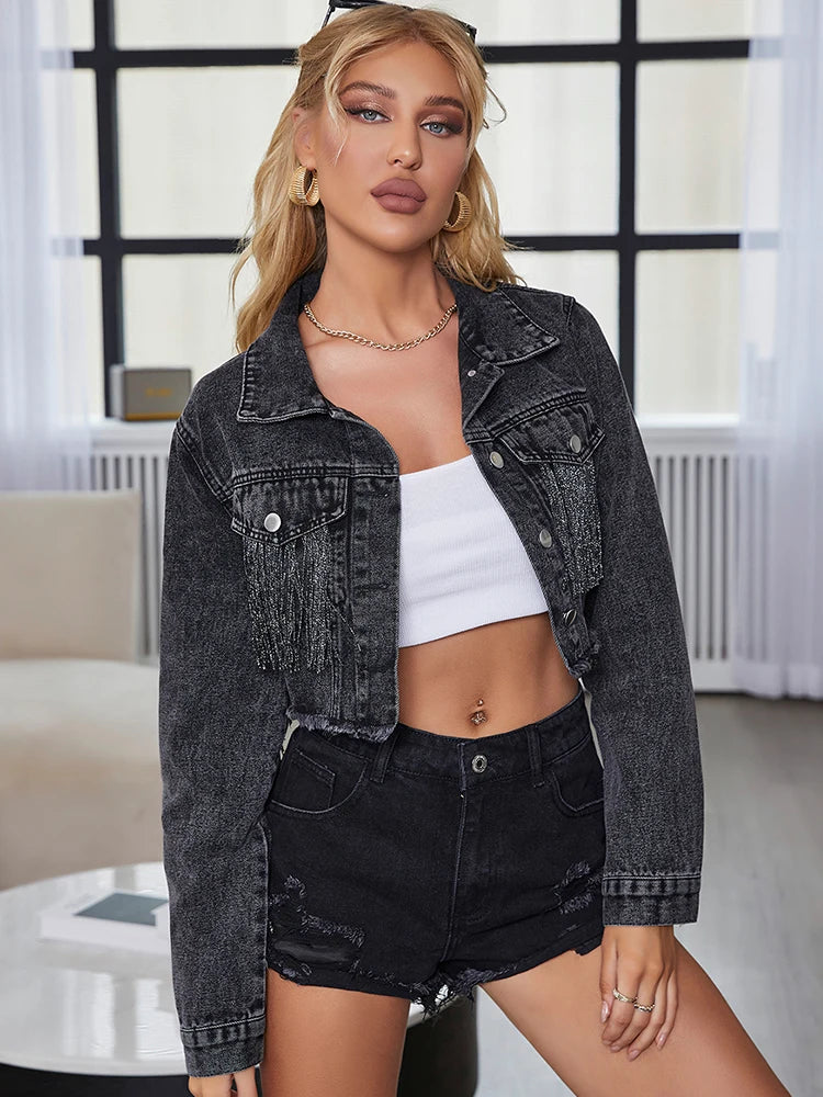 Cropped Denim Tassel Fringe Loose Streetwear Women’s Cowgirl Jean Jacket