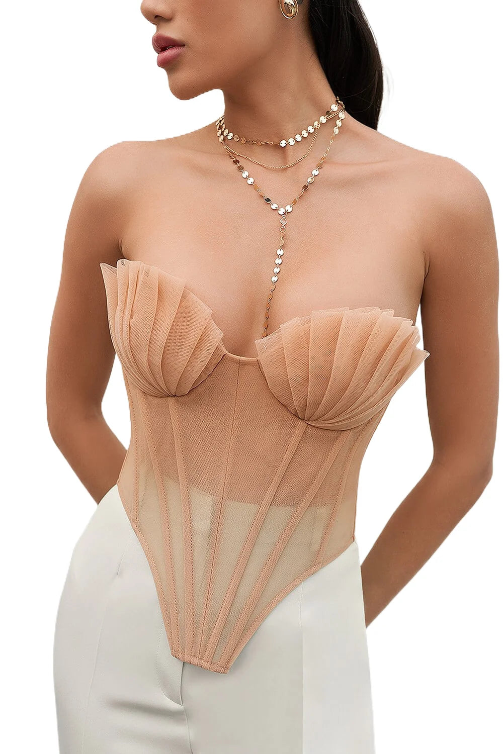 Strapless Sheer Mesh Mermaid Sea Shell Backless Lace-Up Cropped Bustier