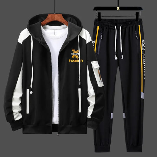 Designer Men's Colorblock Streetwear Printed Zipper Sweat Jacket + Drawstring Sweatpants Tracksuit