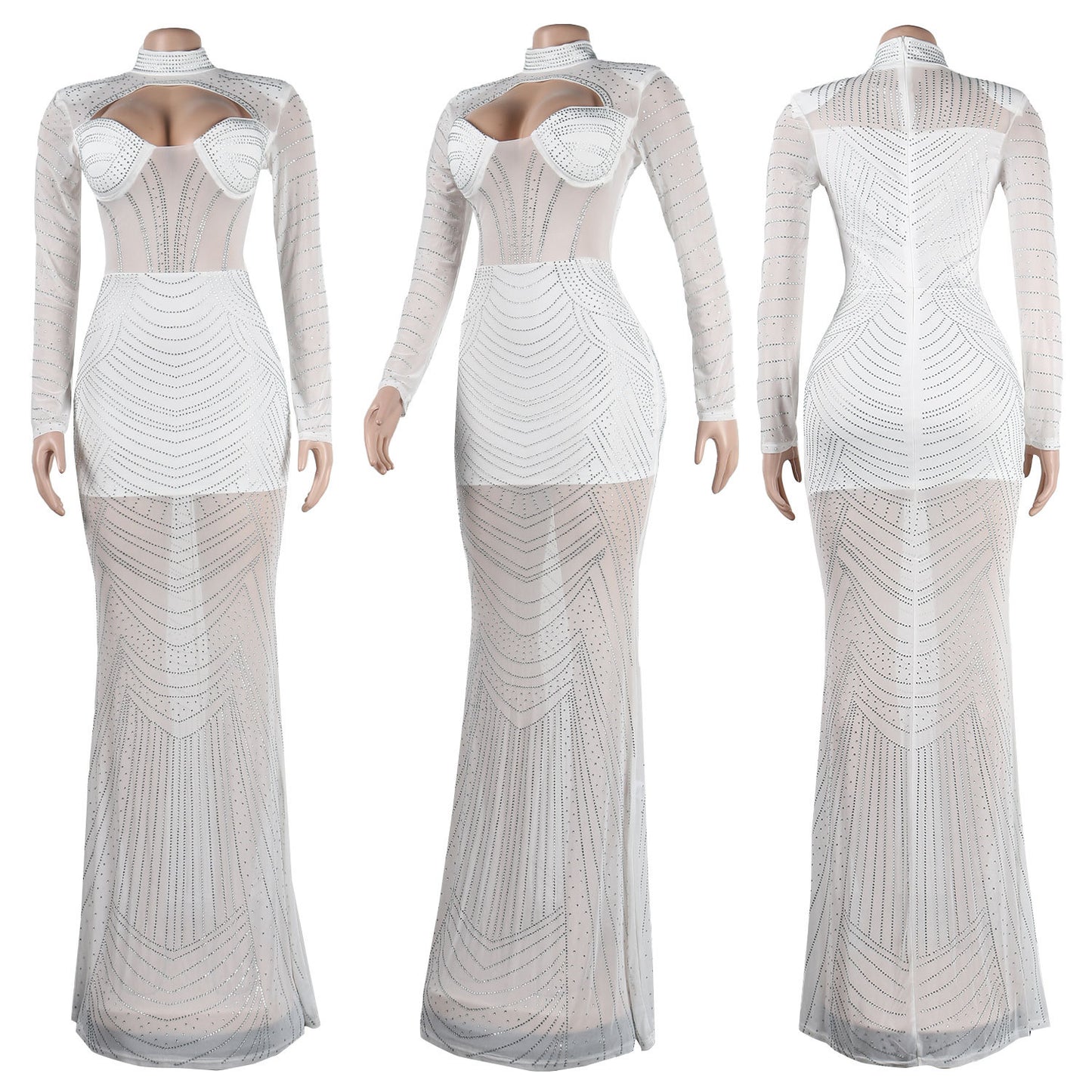 Rhinestone Mesh Cut-Out Long Sleeve Turtleneck Floor-Length Evening Gown Dress