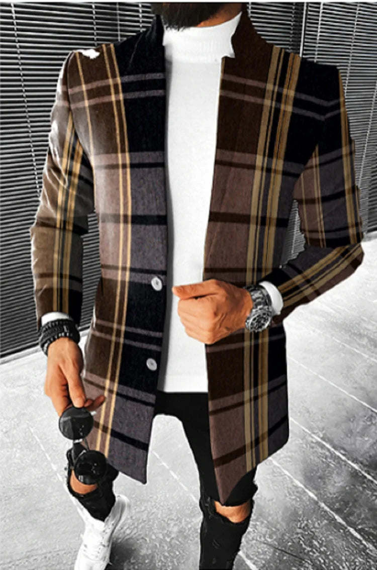 Men's Stand Collar Colorblock/Plaid/Geometric/African 3D Print 3/4 Length Button-Up Jacket 5X Big & Tall