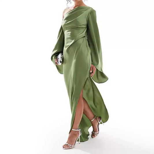 Satin Asymmetrical Olive Green Ruched One Shoulder Long Sleeve High Slit Formal Maxi Dress