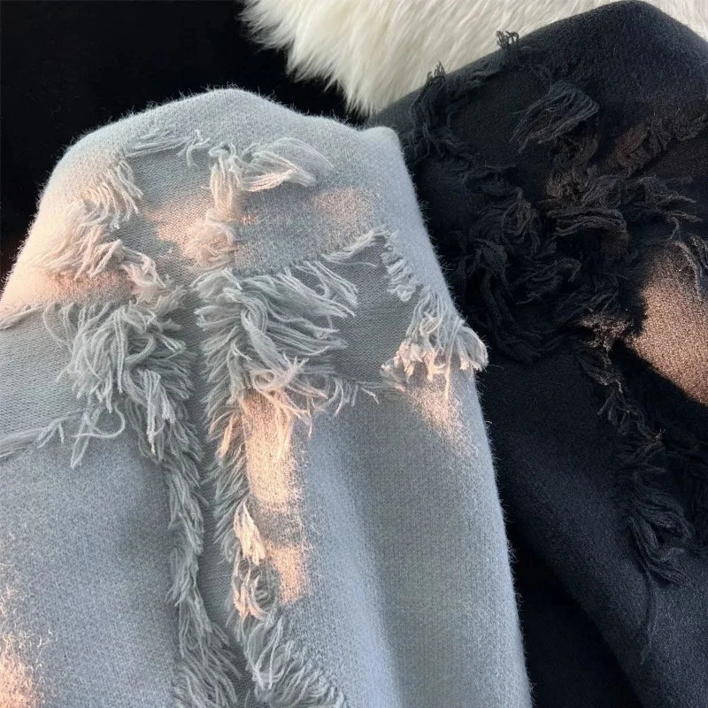 Men's Oversized Washed Cross Streetwear Retro Hole Fringe Long Sleeve Pullover Sweater