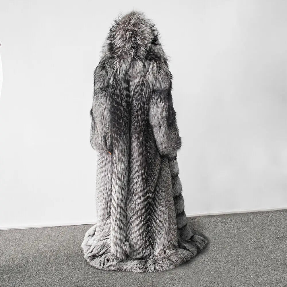 Silver/Black Zebra Striped Pattern Hooded Fox Fur Trenchcoat