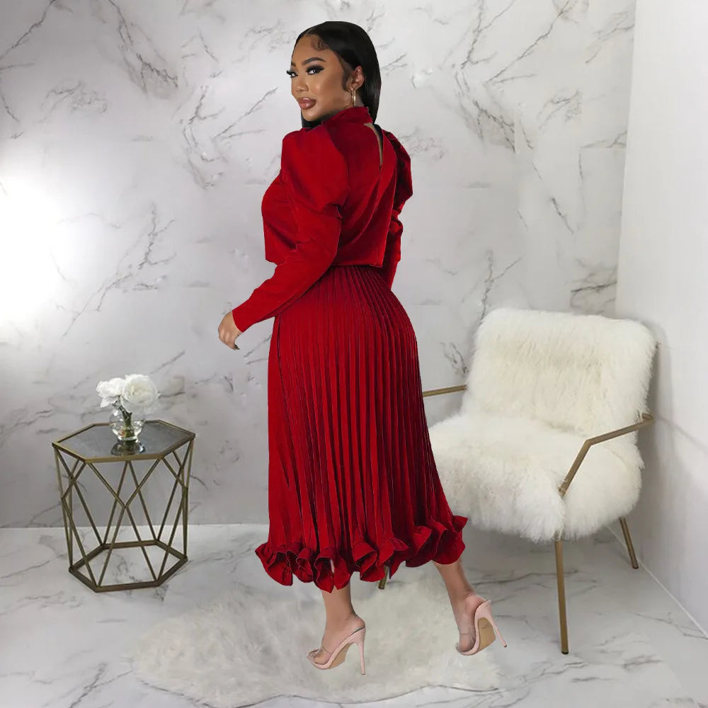 Women’s Solid Color O-Neck Lantern Sleeve Blouse + A-Line Flounce Formal Pleated Maxi Skirt w/ Sash Belt 2-Piece Set