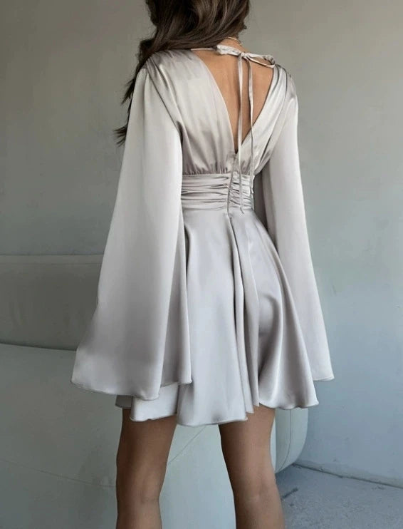 Satin Flared Sleeve Deep V-Neck Formal Mini Dress