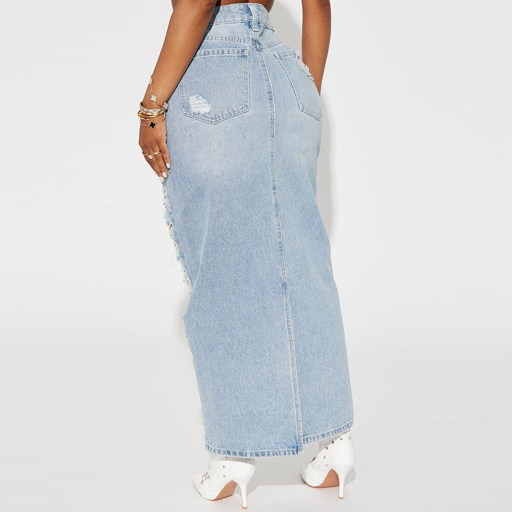 Tassels Ripped Hollow-Out Split Washed Denim Maxi Skirt