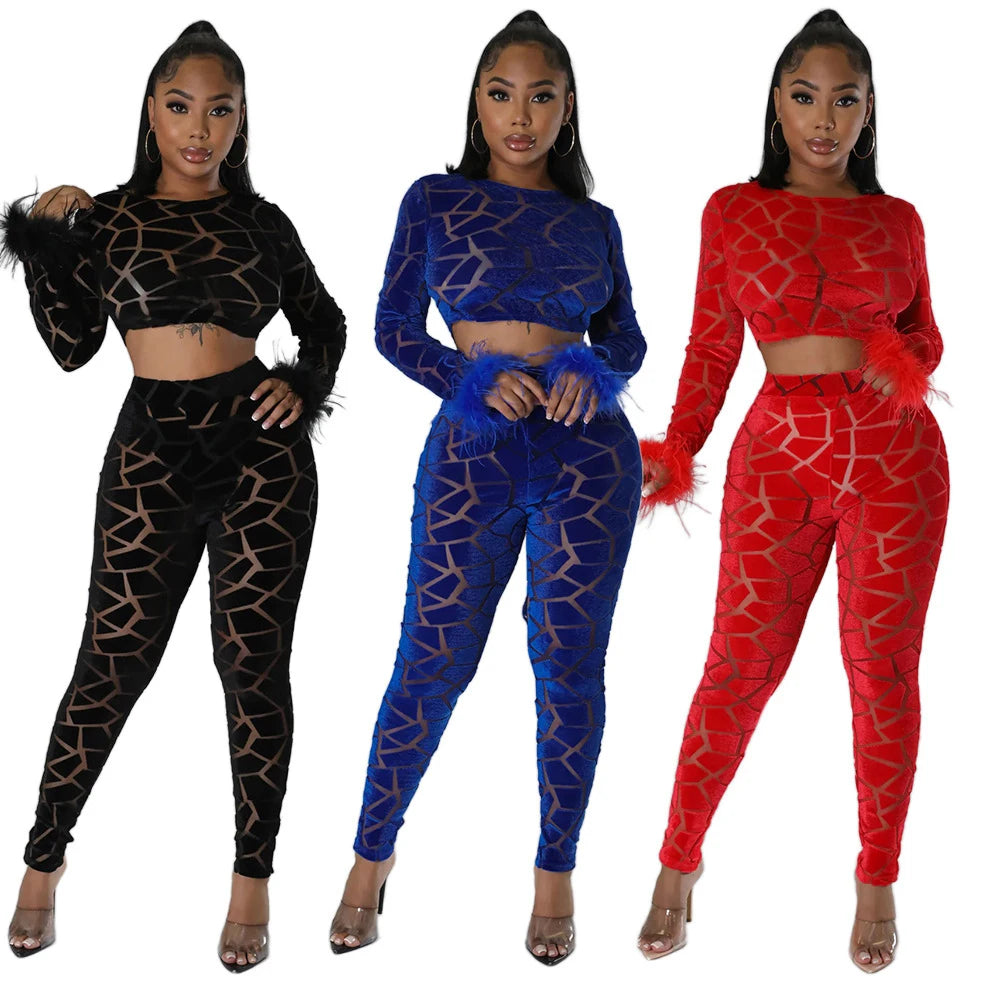 Velvet Patchwork Geometric Long Sleeve Crop Top w/ Feather Detail + Leggings 2-Piece Set