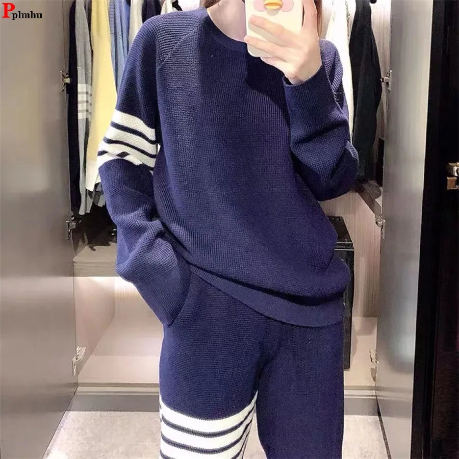 Side Striped Long Sleeve O-Neck Women's Sweatshirt + Matching Sweatpants 2-Piece Set