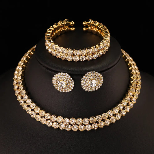 Gold Color Crystal Rhinestone African Bridal Jewelry 3-Piece Sets: Choker Necklace, Earrings + Bracelet