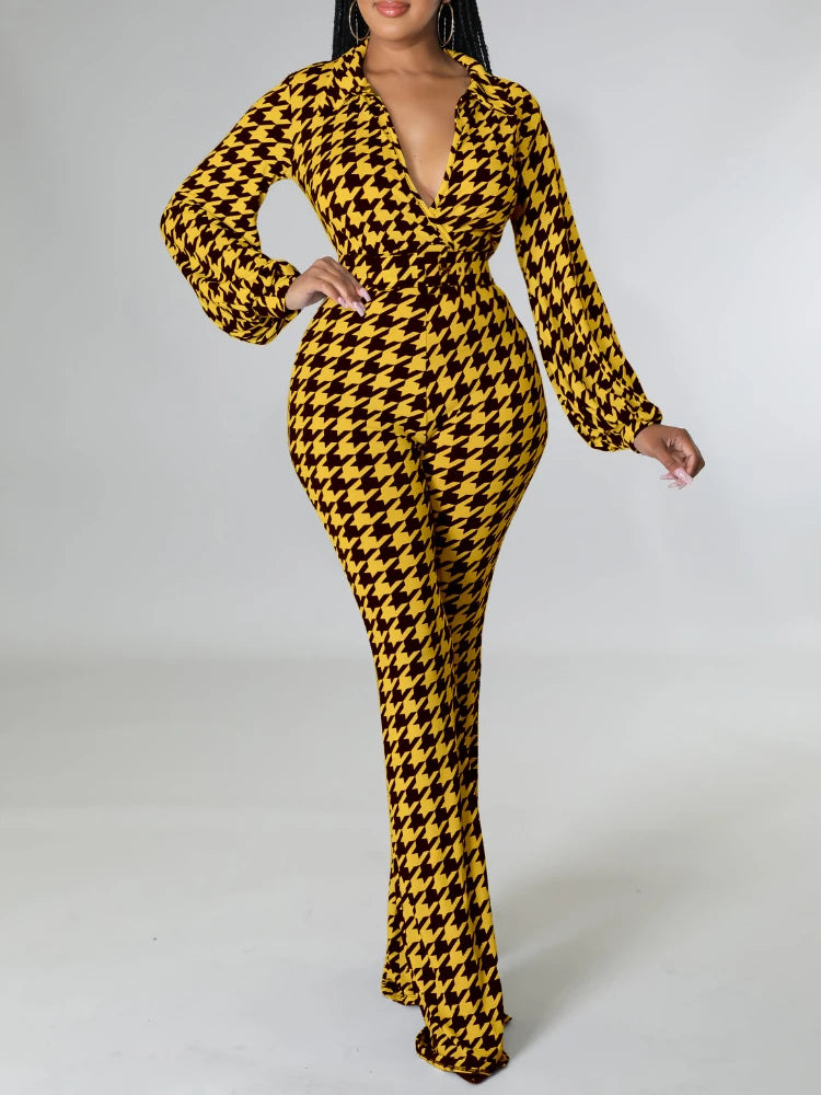 Plaid Houndstooth Deep V-Neck Long Sleeve Belted Bootcut Jumpsuit to 3X Plus Size