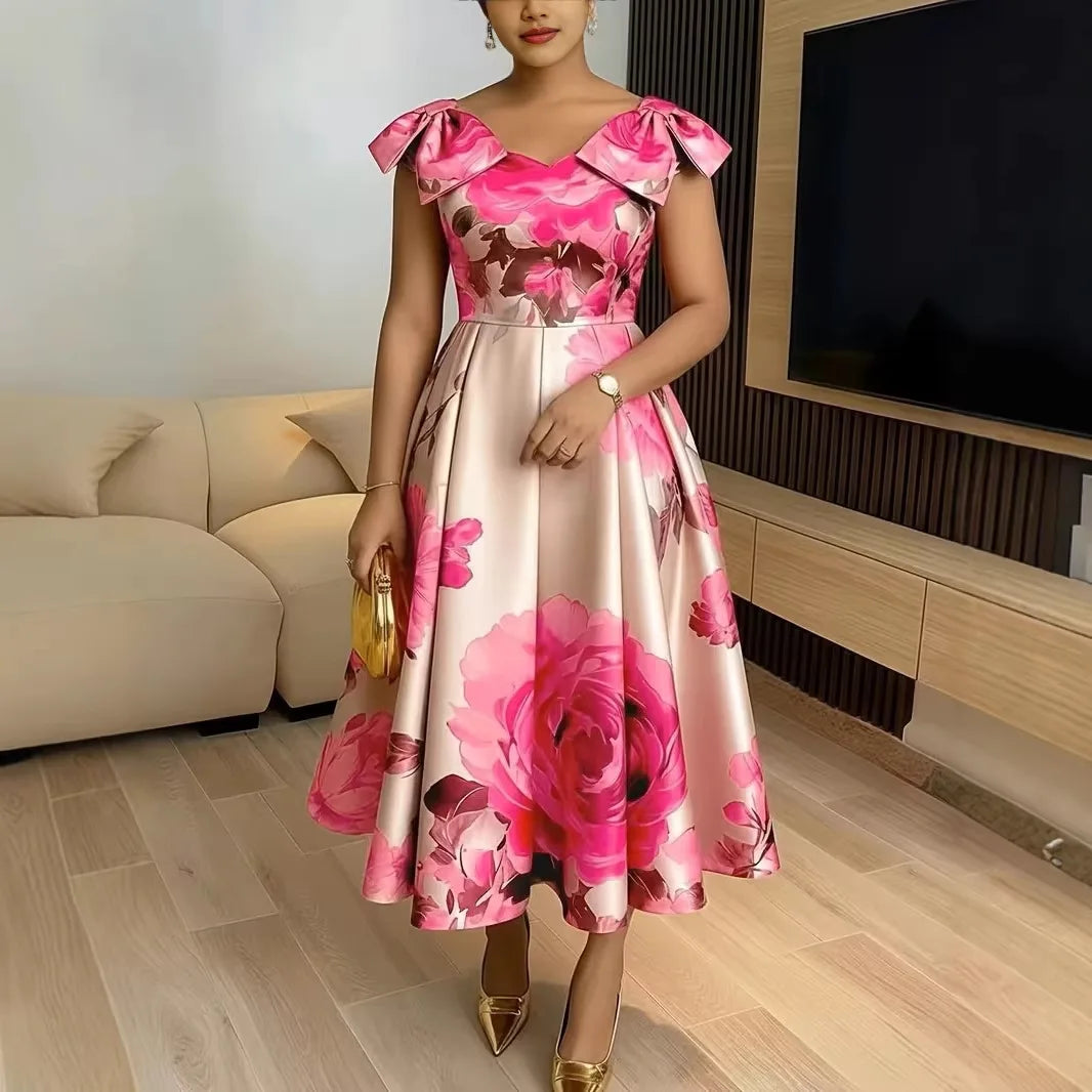 Satin Bowknot Strap Rose Floral Design Short Sleeve Flared Formal Dress