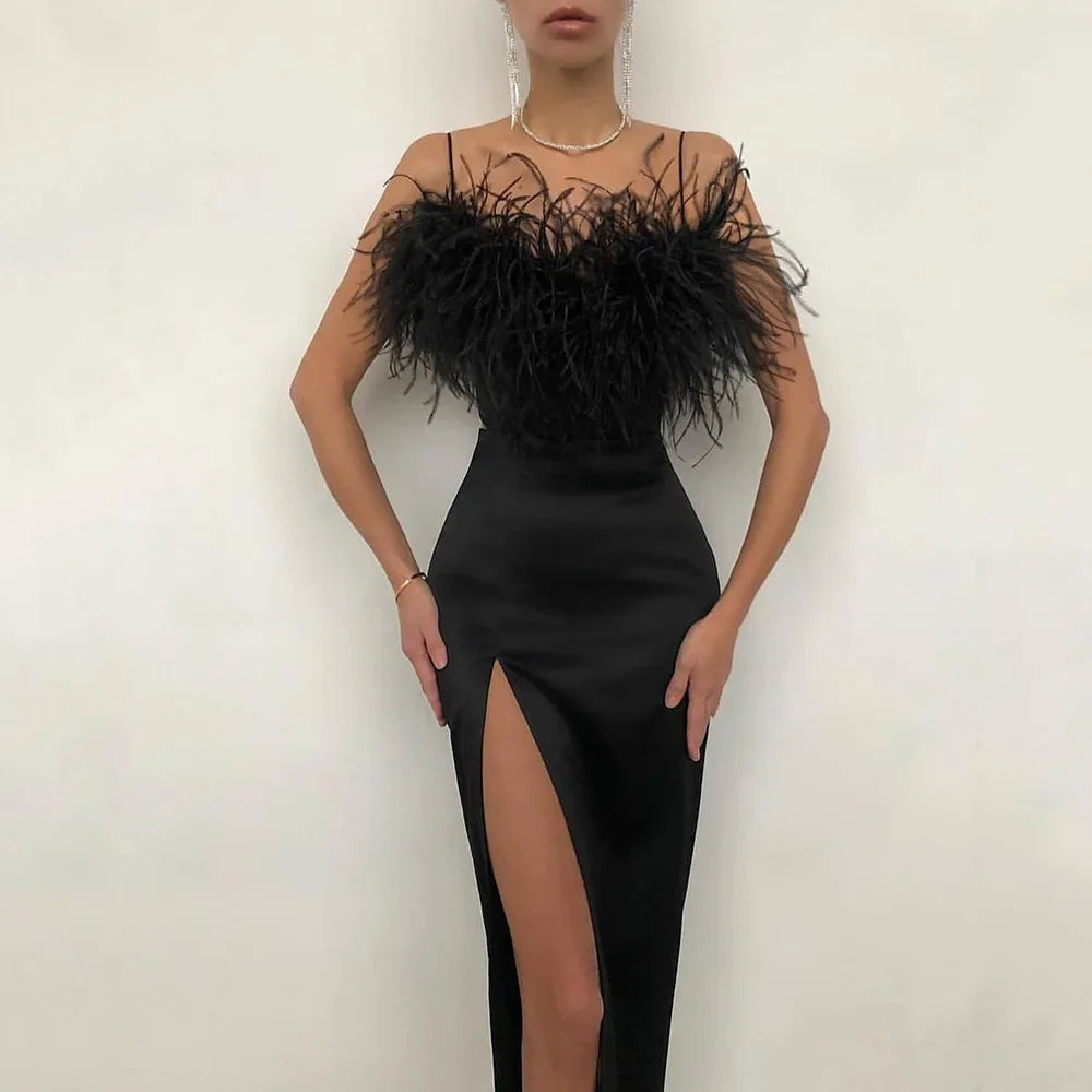 2024 New Cross-border Spring Summer Women's Fashion Tank Feather Dress Elegant Slimming Arm-covering Gown For Banquets