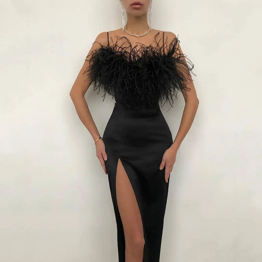 2024 New Cross-border Spring Summer Women's Fashion Tank Feather Dress Elegant Slimming Arm-covering Gown For Banquets