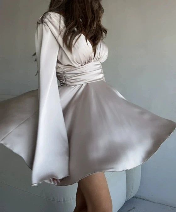 Satin Flared Sleeve Deep V-Neck Formal Mini Dress