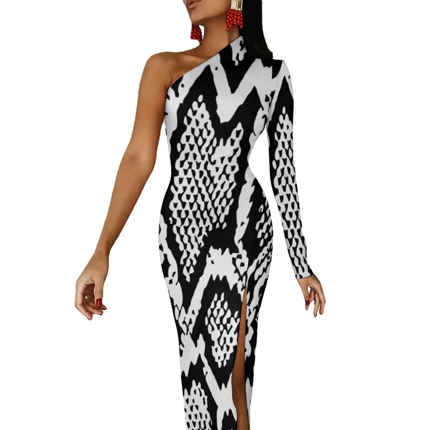 Snake Print/Geometric High Slit One Shoulder Long Sleeve Party Bodycon Maxi Dress