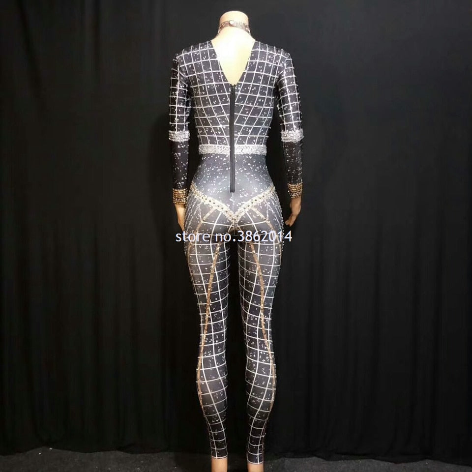 Sparkling Rhinestone Long Sleeve Spandex Jumpsuit