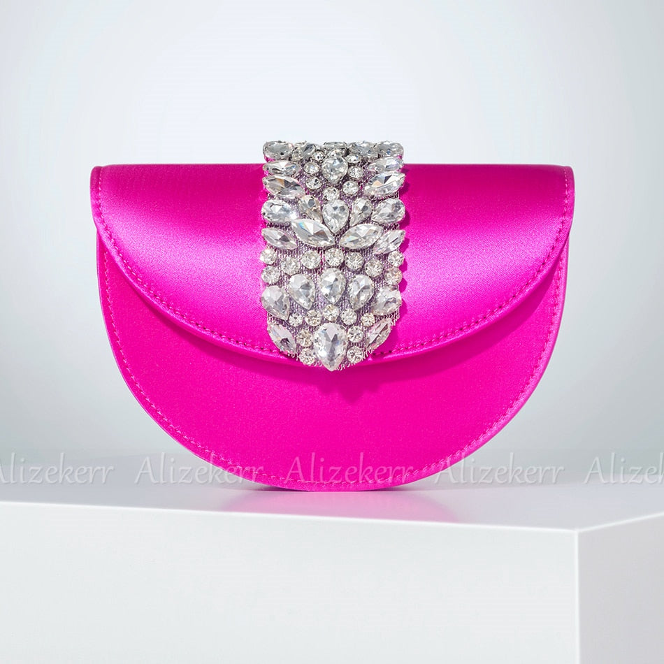 Satin Rhinestone Half Round Metal Ring Clutch Purse