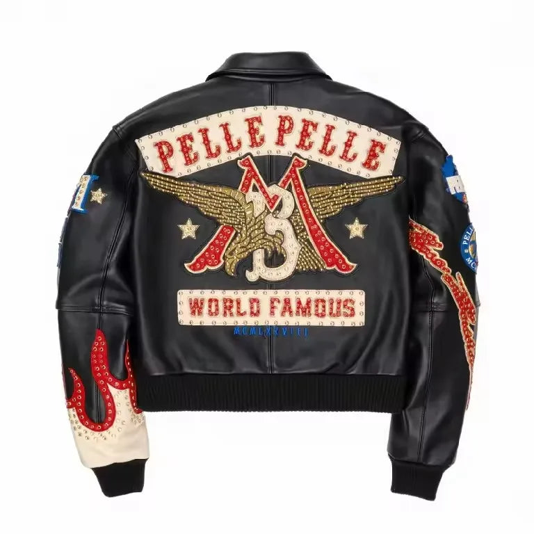 Men's Hip-Hop Leather/Denim Vintage Camo/Sequin Letter # Embroidered/ Oversized Turn-Down Collar Biker Motorcycle Jackets