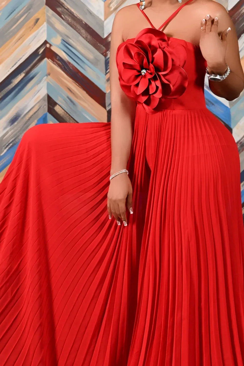 Sleeveless Pleated 3D Big Flower Embroidered Halter Collar Spaghetti Strap Wide Leg Formal Party Jumpsuit to 3X Plus Size