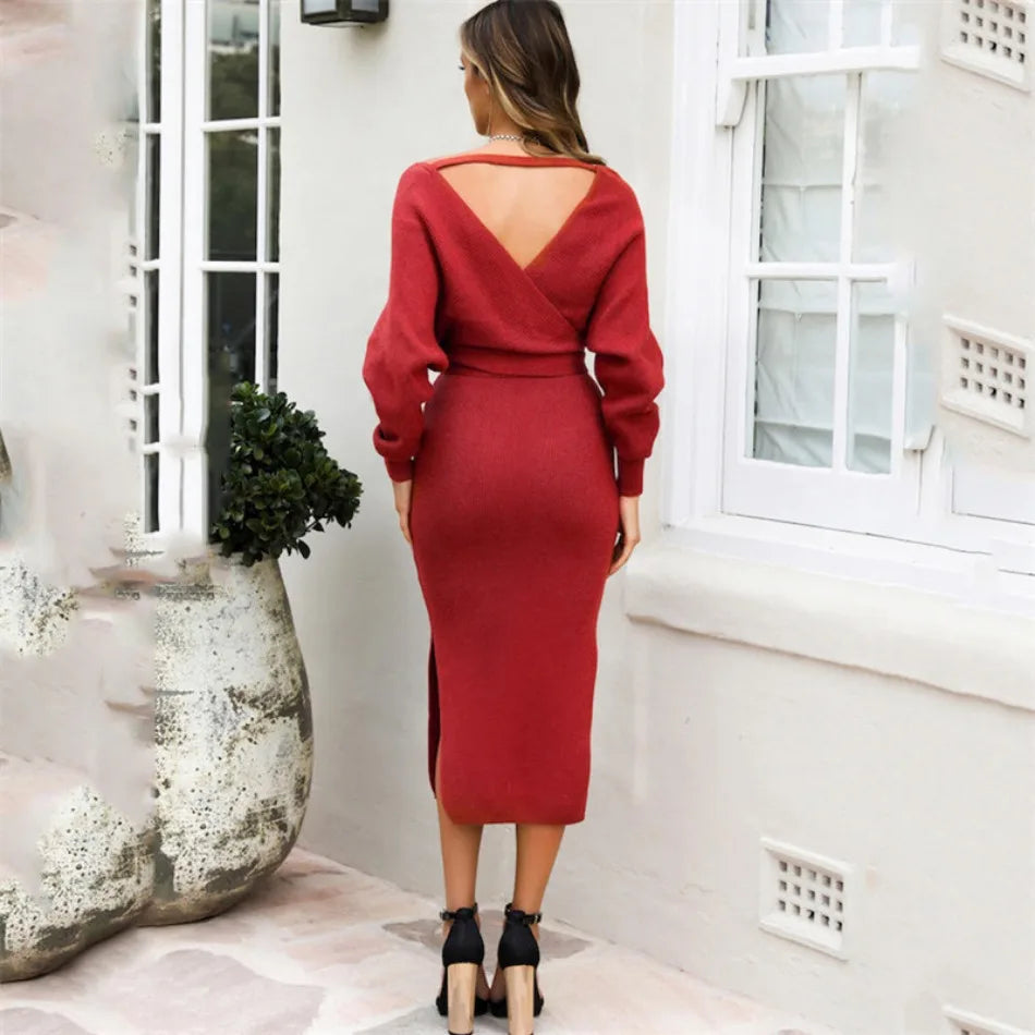 Off-the-Shoulder V-Neck Solid Long Batwing Sleeve Lace-Up High Slit Knitted Sweater Dress