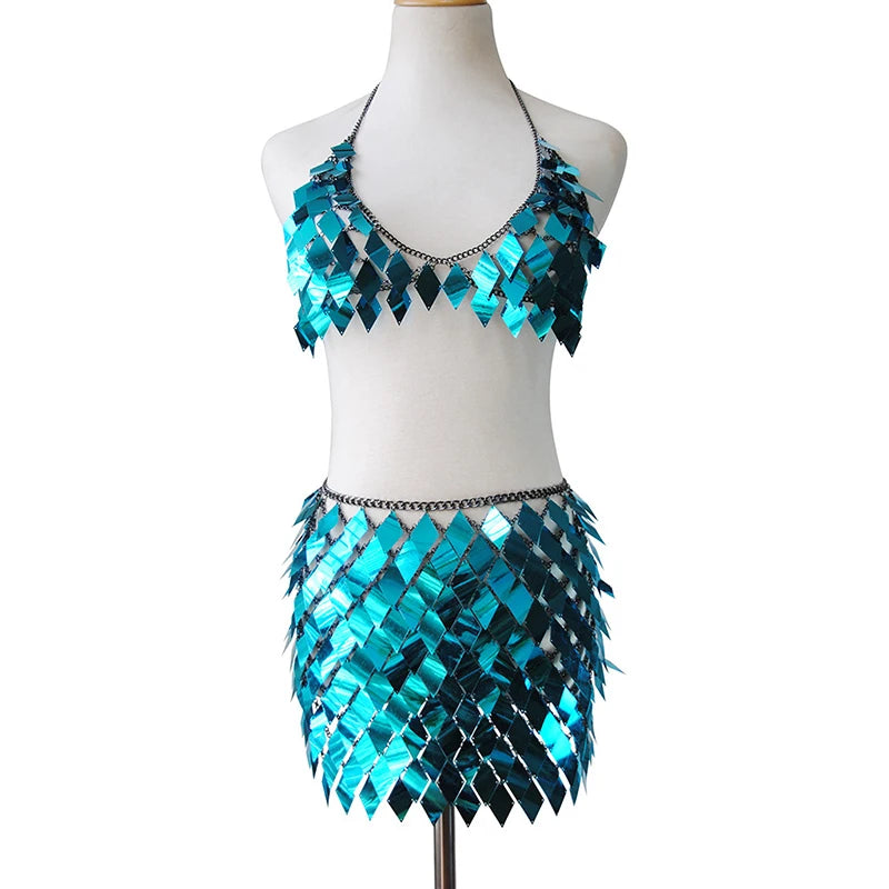 Metallic Sequined Geometric  Bikini Crop Top + Mini Skirt Handcrafted Party Women's 2-Piece Set