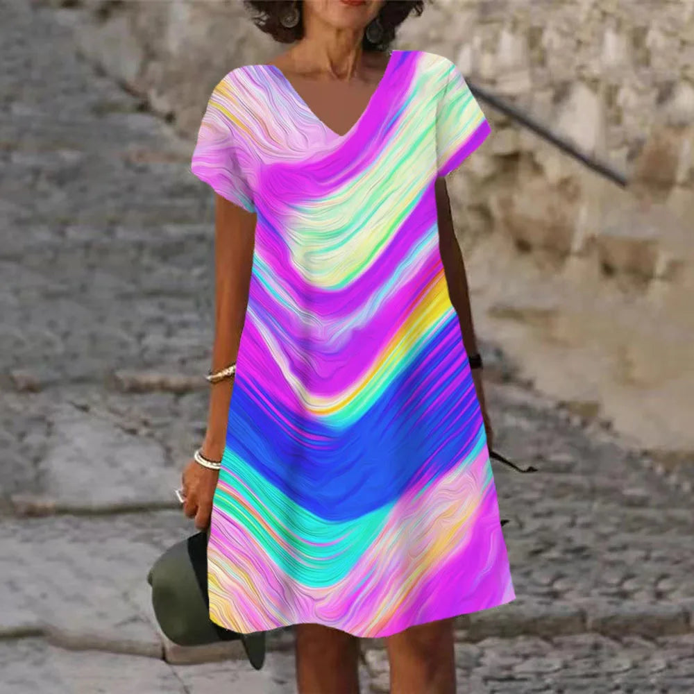 Abstract V-Neck Tie-Dye Rainbow Gradient Colorblock Splash Ink Paint Print A-Line Midi Dress to 6X