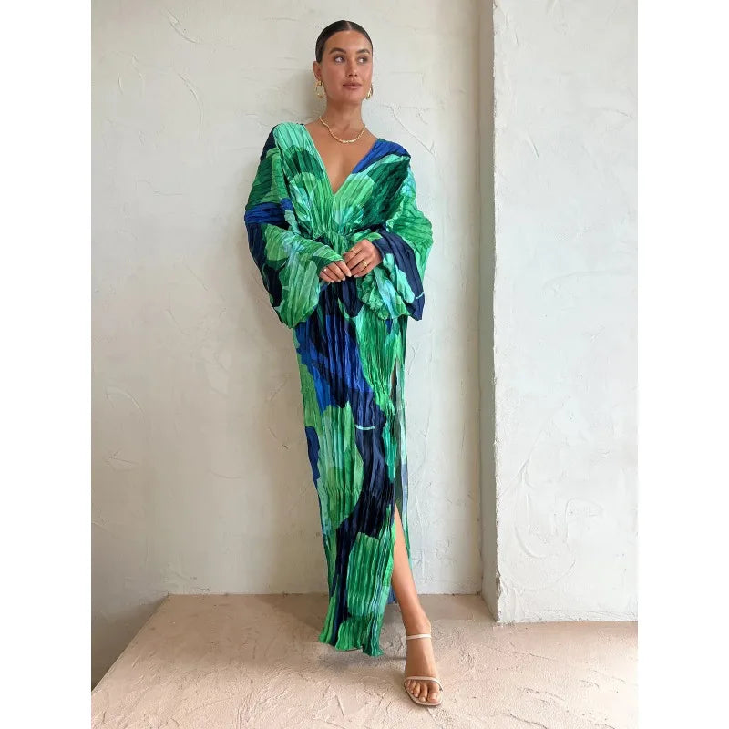 Pleated Green/Blue Geometric Colorblock Long Sleeve Deep V-Neck Corset Print Evening Formal Loose Maxi Dress