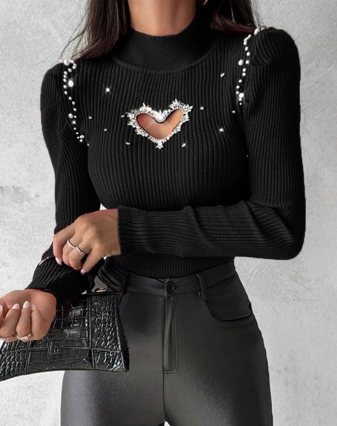 Rhinestone Cut-Out Heart Knitted Long Sleeve Pullover Skinny Women's Sweater