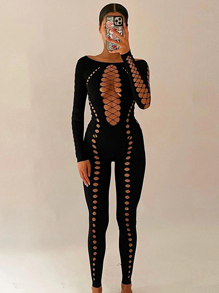 Lace-Up Slash Neck Hollow-Out Long Sleeve Solid Bodycon Jumpsuit