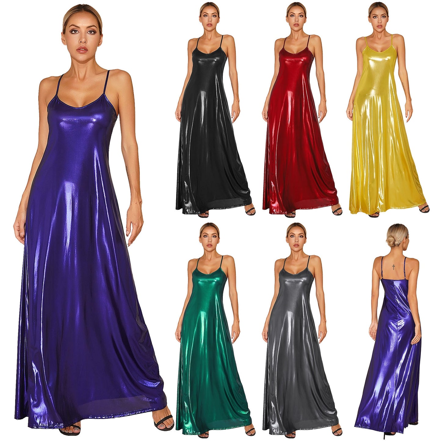 Shiny V-Neck Adjustable Spaghetti Strap Backless Dress