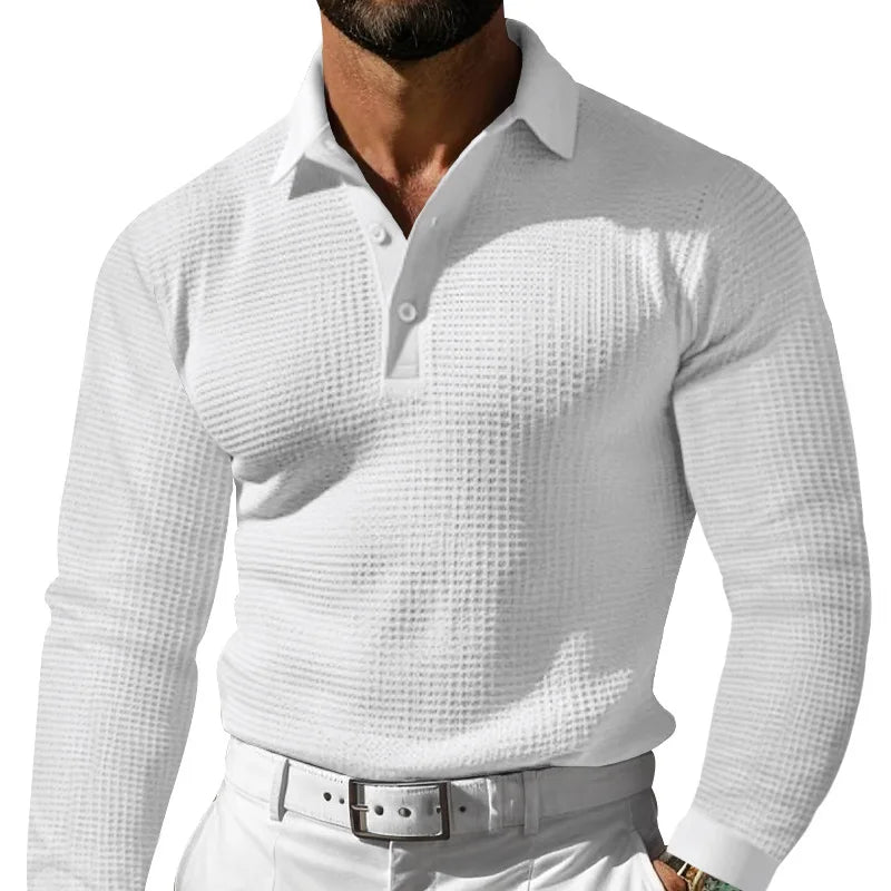 Men's Waffle Pattern Long Sleeve Turn-Down Collar Pullover Polo Shirt