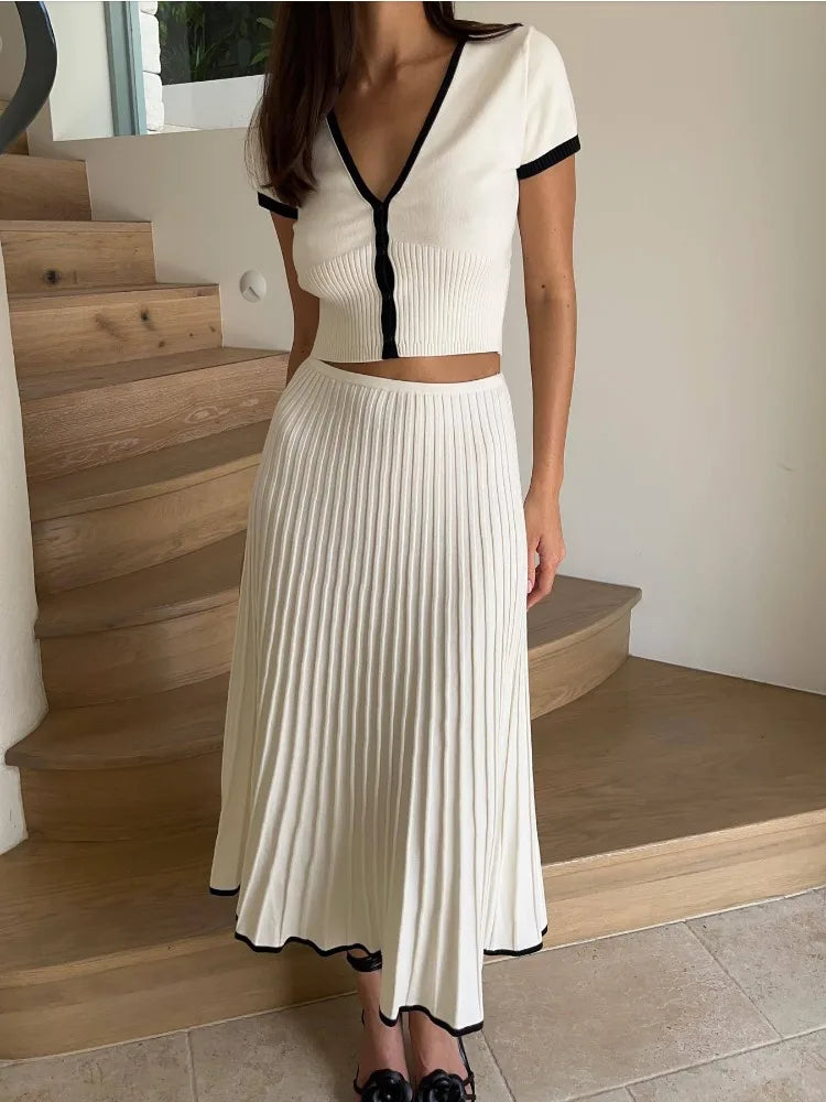 White/Black Striped Ribbed Short Sleeve Button-Up Cardigan Sweater + Knitted Maxi Skirt 2-Piece Set to 3X Plus