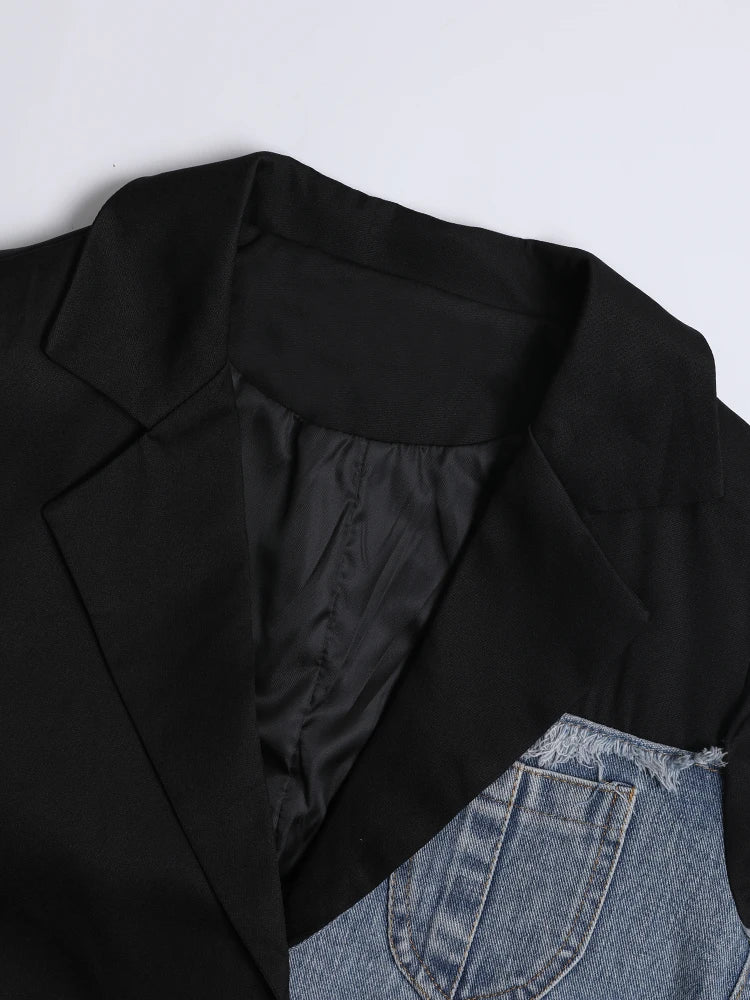 Blue/Black Denim Colorblock Long Sleeve Loose Fit Women's Blazer Jacket