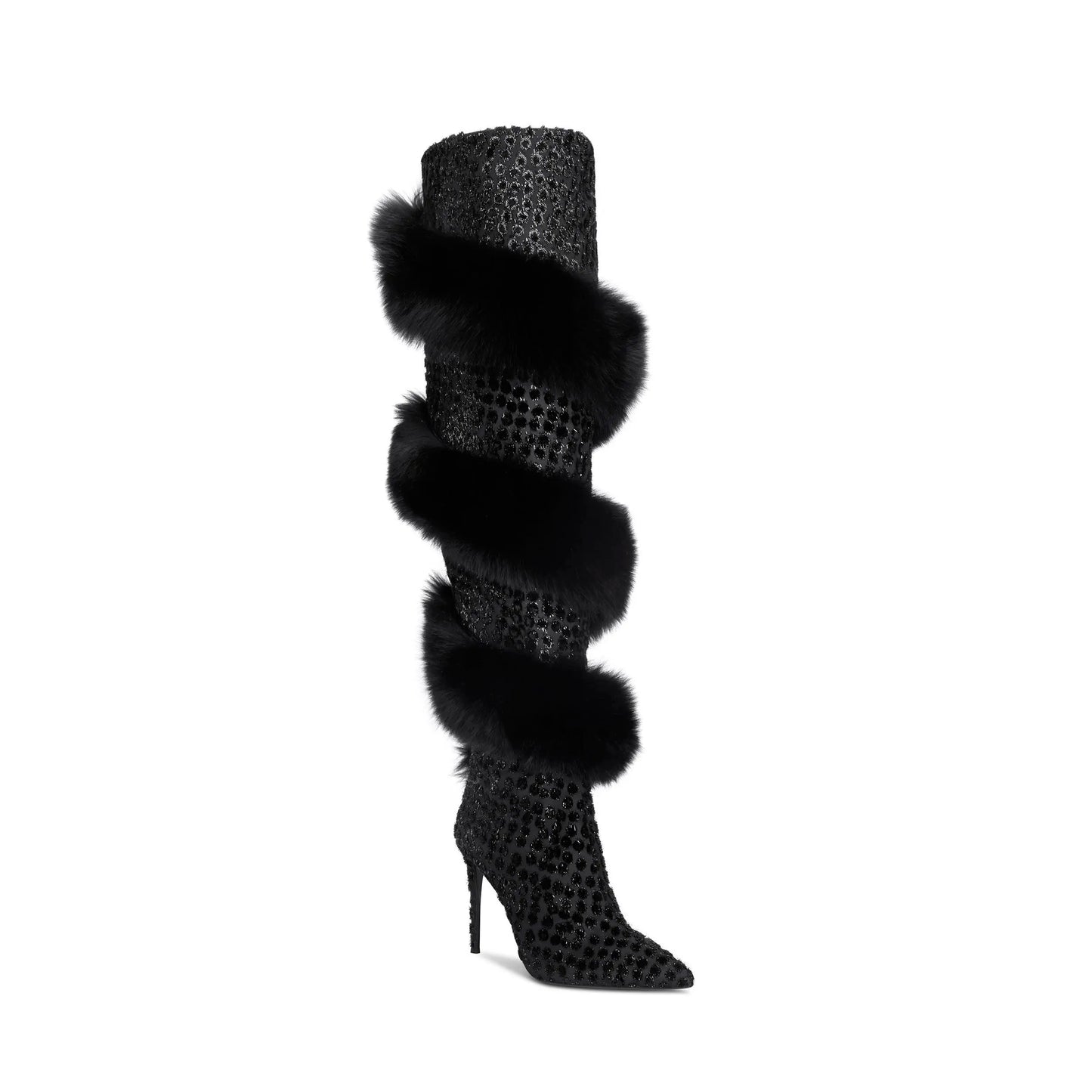 Leopard Black/Blue/Solid Spiral Faux Fur Design Spiked Stiletto Heel Over-The-Knee Women's Boots