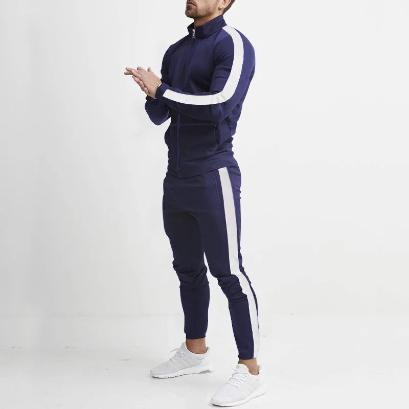 Men's Striped Mandarin Collar Fitness Zipper Jacket + Skinny Side Striped Jogger Sweatpants Tracksuit