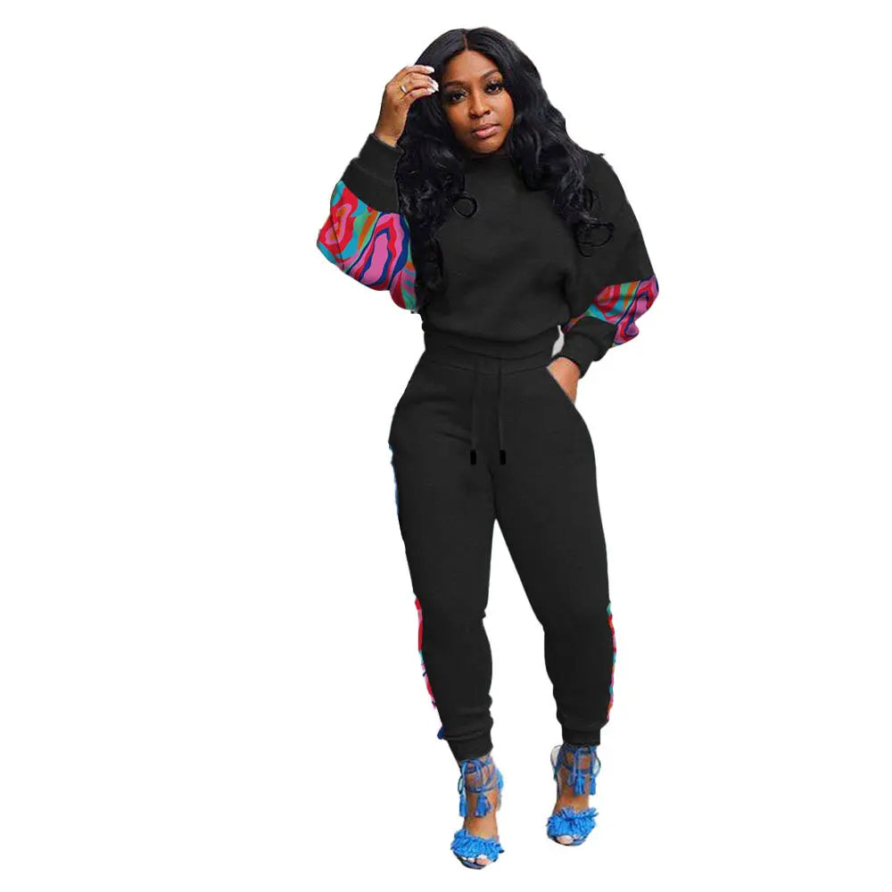 Colorblock O-Neck Temperament Geometric Commuter Patchwork Long Sleeve Spliced Contrast Top +Matching Pants 2-Piece Set to 3X Plus Size