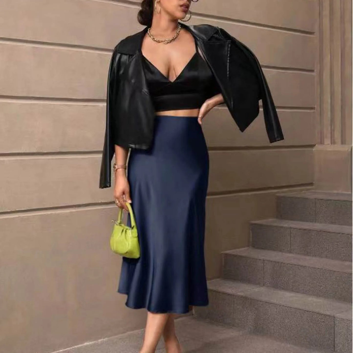 Satin Slim Fit Solid Color Midi Hip Fishtail Skirt