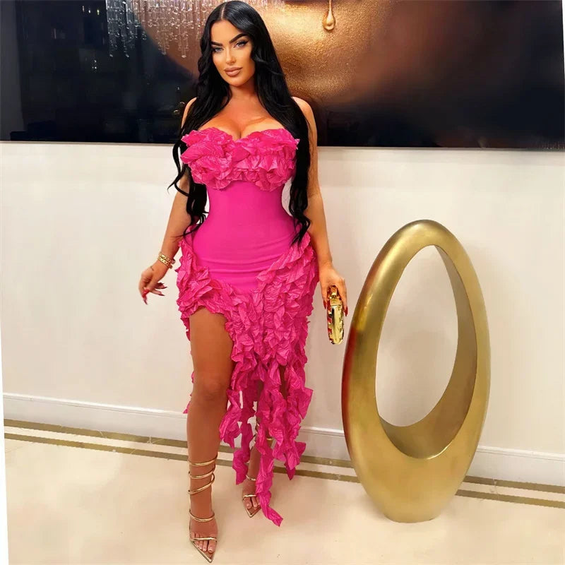 Sleeveless Floral Ruffled Tube Top Hanging Tassel Design Irregular Dress