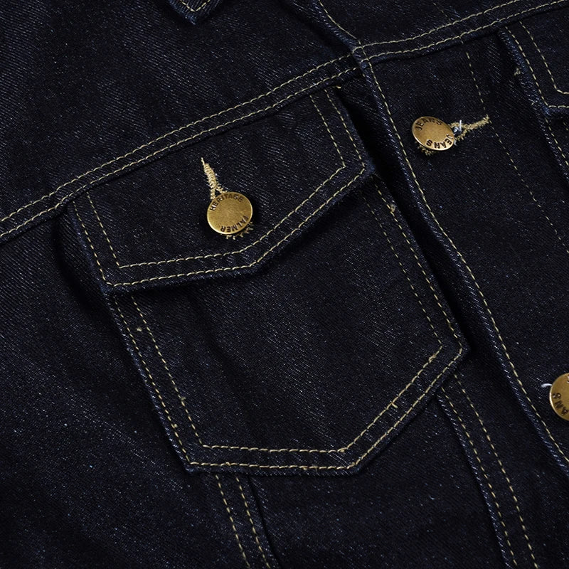 Denim Dark Blue Gold Button Detail Long Sleeve Turn-Down Collar Solid Color Women's Jean Jacket