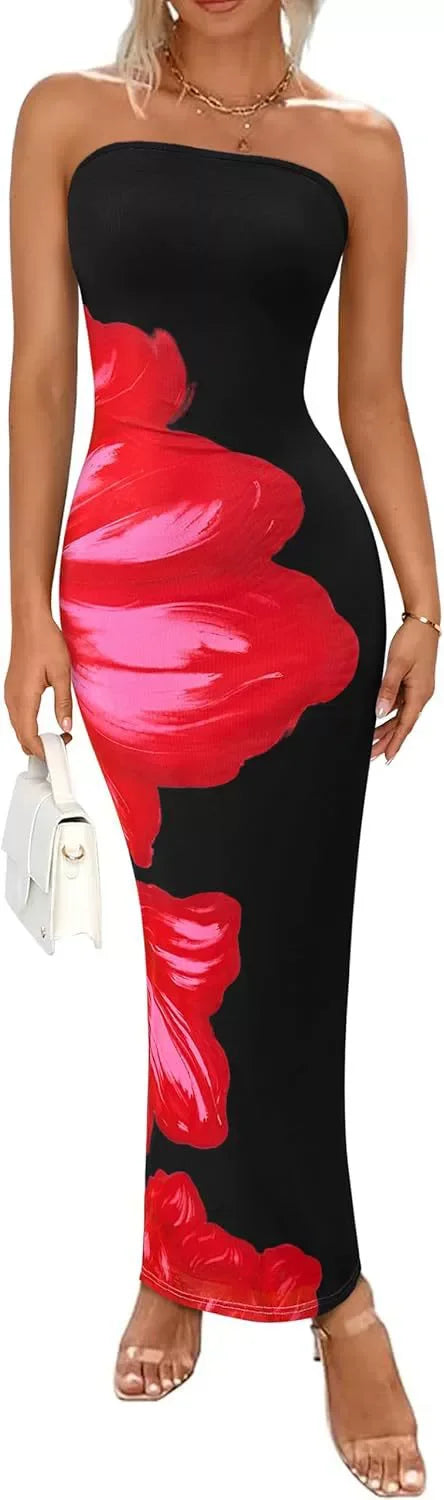 Sleeveless Big Flower Print Bodycon Skinny Maxi Tube Dress