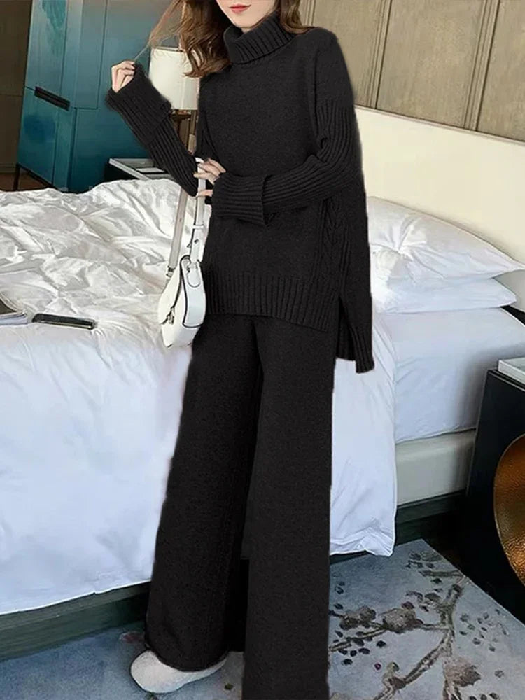 Women's Winter Knitted Solid Turtleneck Sweater + Matching Loose Trouser Knitted Pants 2-Piece Set