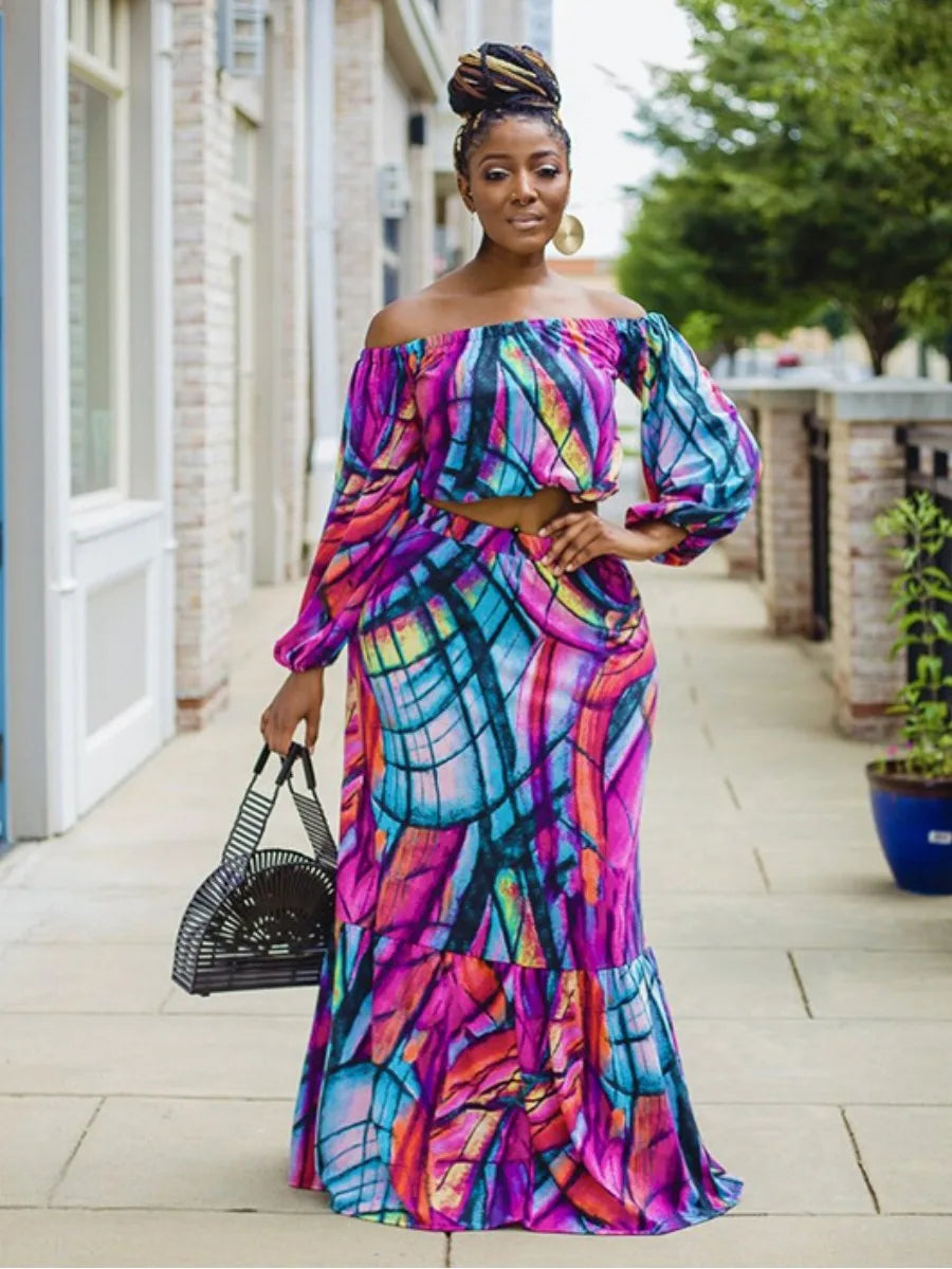 Geometric Abstract Print Off-the-Shoulder Long Sleeve Crop Top & A-Line Maxi Skirt 2-Piece Set to 5X Plus Size