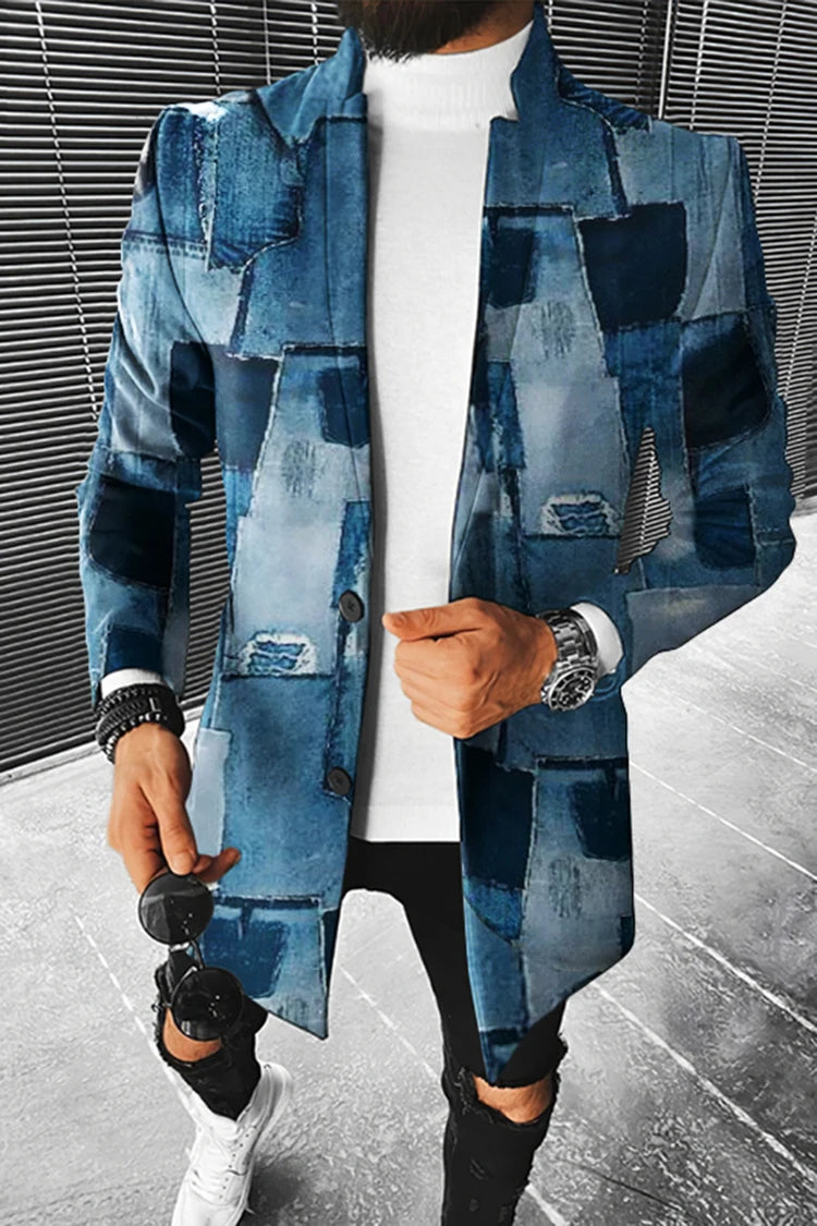 Men's Stand Collar Colorblock/Plaid/Geometric/African 3D Print 3/4 Length Button-Up Jacket 5X Big & Tall