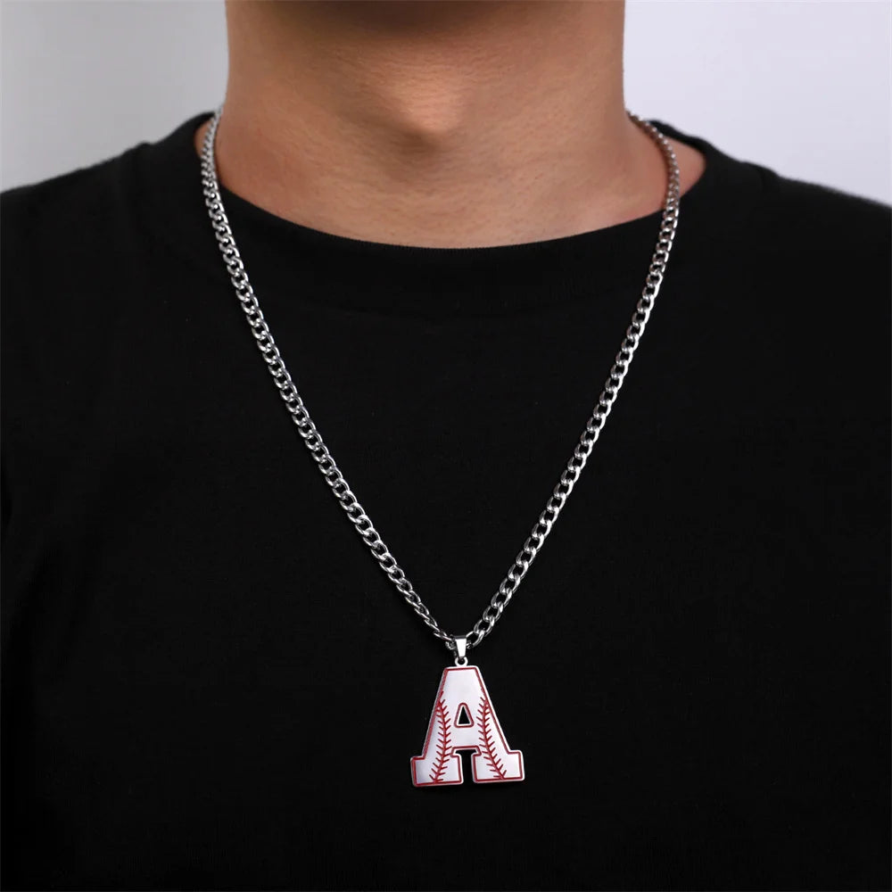 Baseball Pattern Sports Alphabet Initial Pendant Cuban Chain