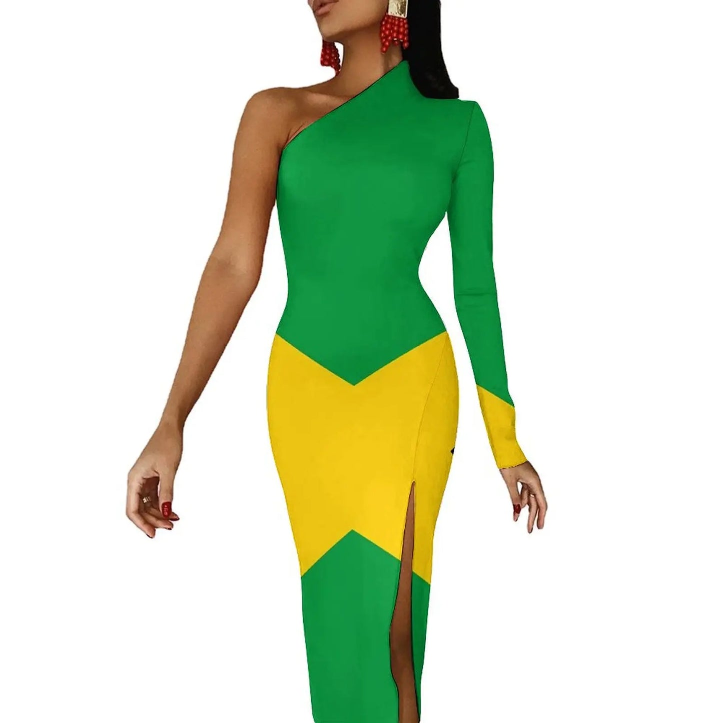 Jamaica Flag Colors Striped/Geometric/Camoflauge High Side Slit One Sleeve Streetwear Bodycon Maxi Dress
