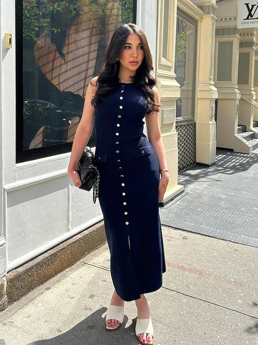 Ribbed Sleeveless Knitted O-Neck Button-Up Sleeveless Single Breasted Double Pocket Design Bodycon Sweater Dress